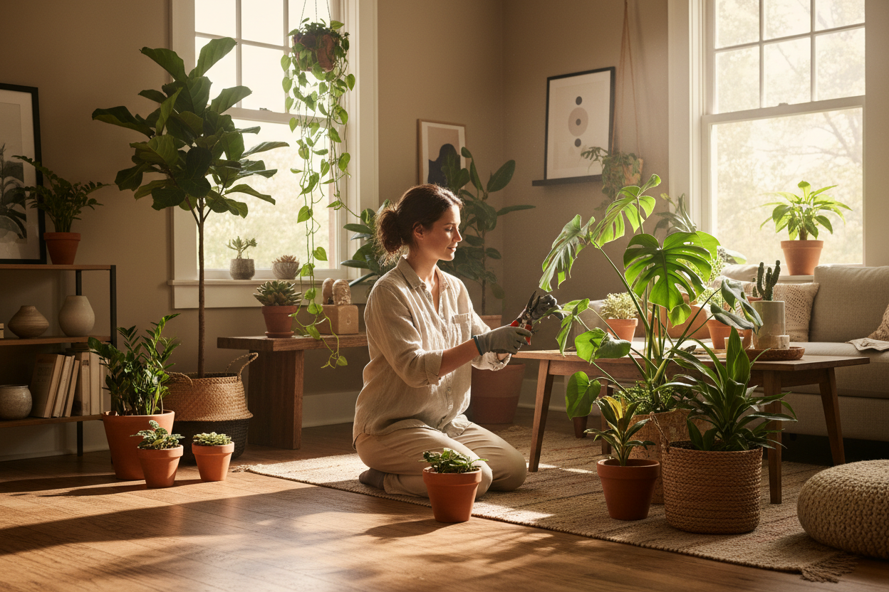woman pruning indoor plants